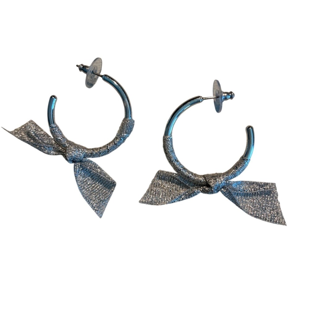 J Crew Bow‎ Hoop Earrings Bright Silver Metallic Bow OS Preppy Holiday Party